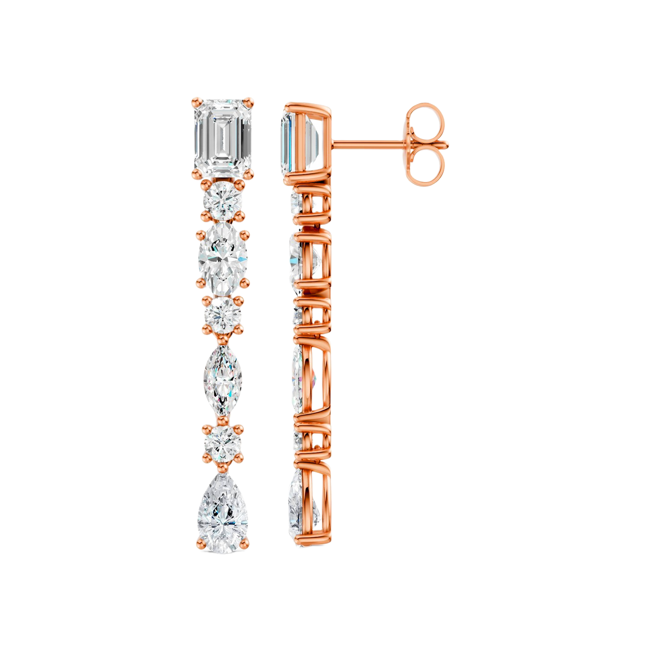 High-polish 14k rose gold drop earrings by Amorati featuring a vertical dangle of emerald, marquise, oval, pear, and round-cut lab-grown diamonds.