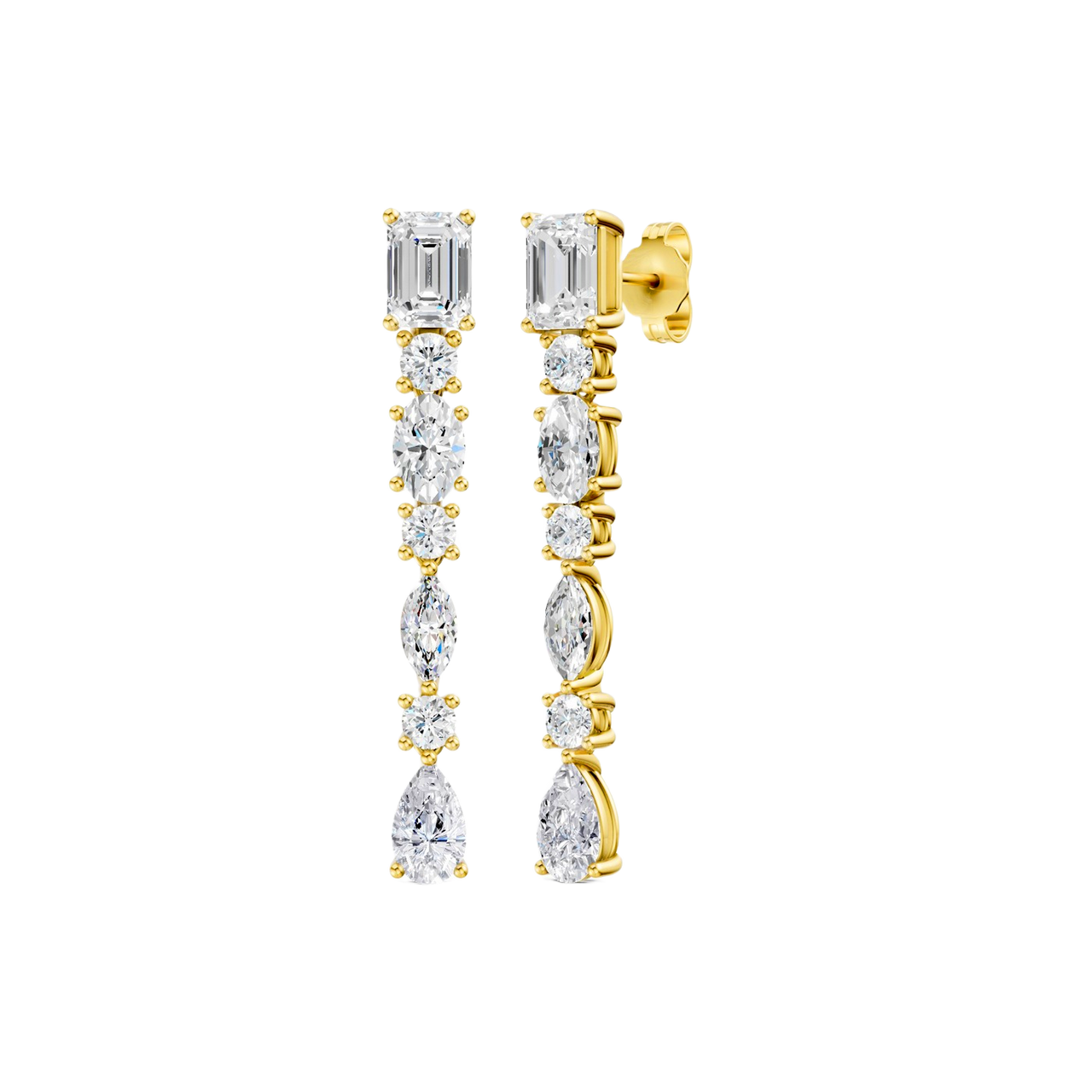 High-polish 14k yellow gold drop earrings by Amorati featuring a vertical dangle of emerald, marquise, oval, pear, and round-cut lab-grown diamonds.