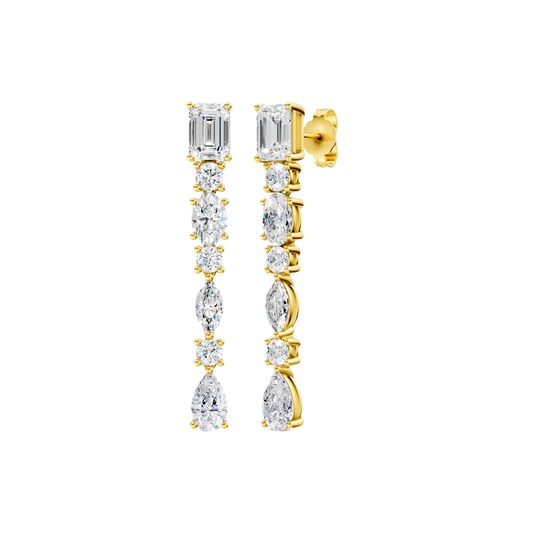High-polish 14k yellow gold drop earrings by Amorati featuring a vertical dangle of emerald, marquise, oval, pear, and round-cut lab-grown diamonds.