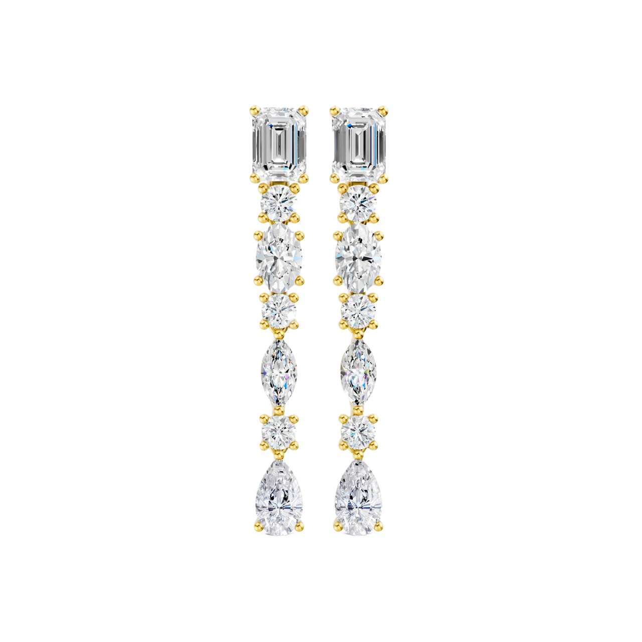 High-polish 14k yellow gold drop earrings by Amorati featuring a vertical dangle of emerald, marquise, oval, pear, and round-cut lab-grown diamonds.