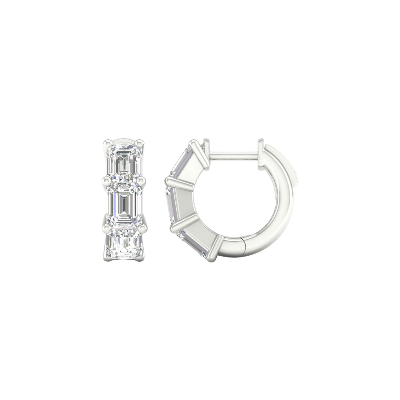 A side profile of a 14K white gold huggie hoop, showing the three stacked baguette diamonds.
