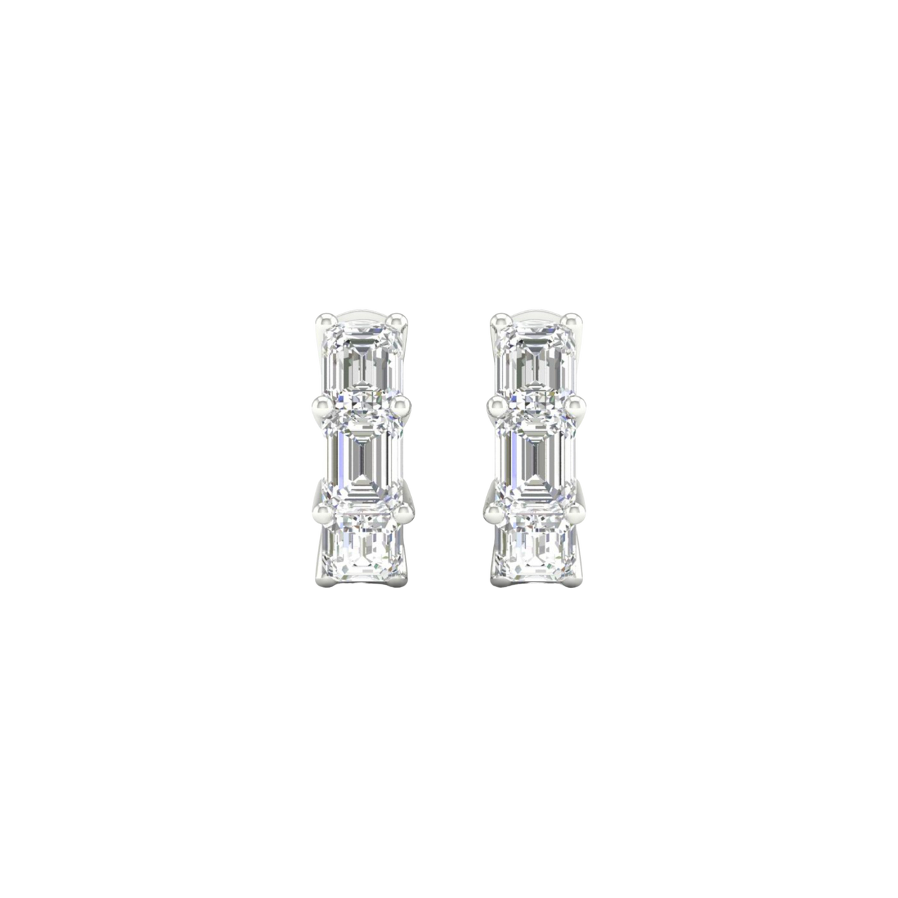 A close-up view of a 14K white gold huggie hoop earring with three vertically stacked rectangular diamonds.