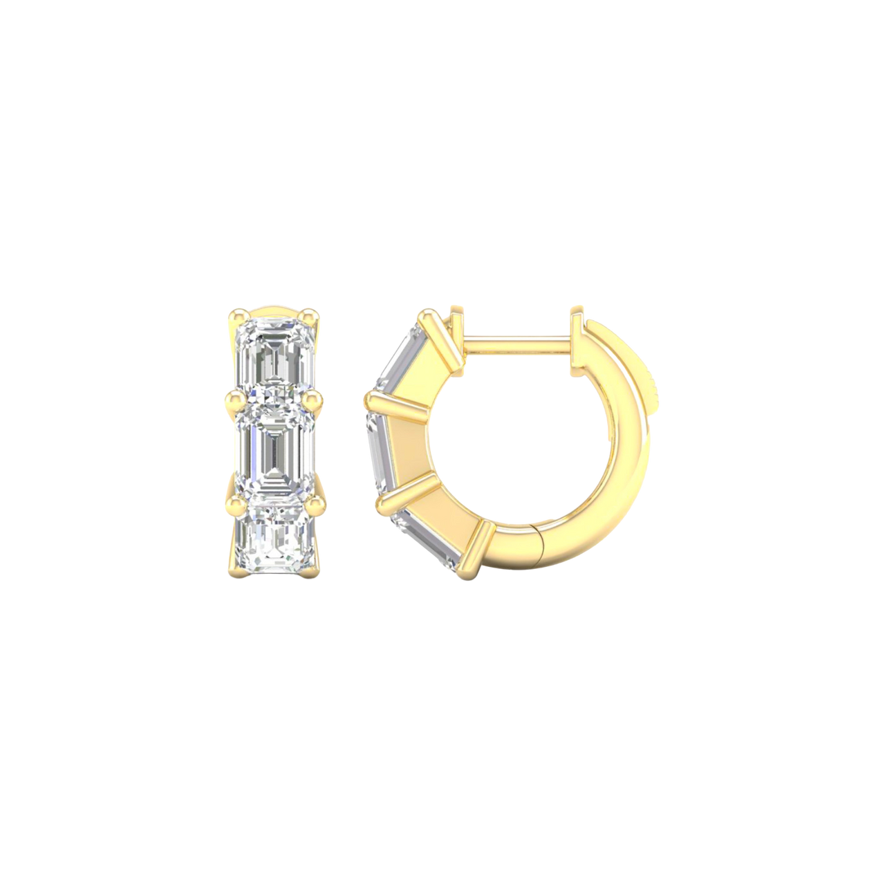A side profile of a 14K yellow gold huggie hoop, showing the three stacked baguette diamonds.