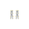 A close-up view of a 14K yellow gold huggie hoop earring with three vertically stacked rectangular diamonds.