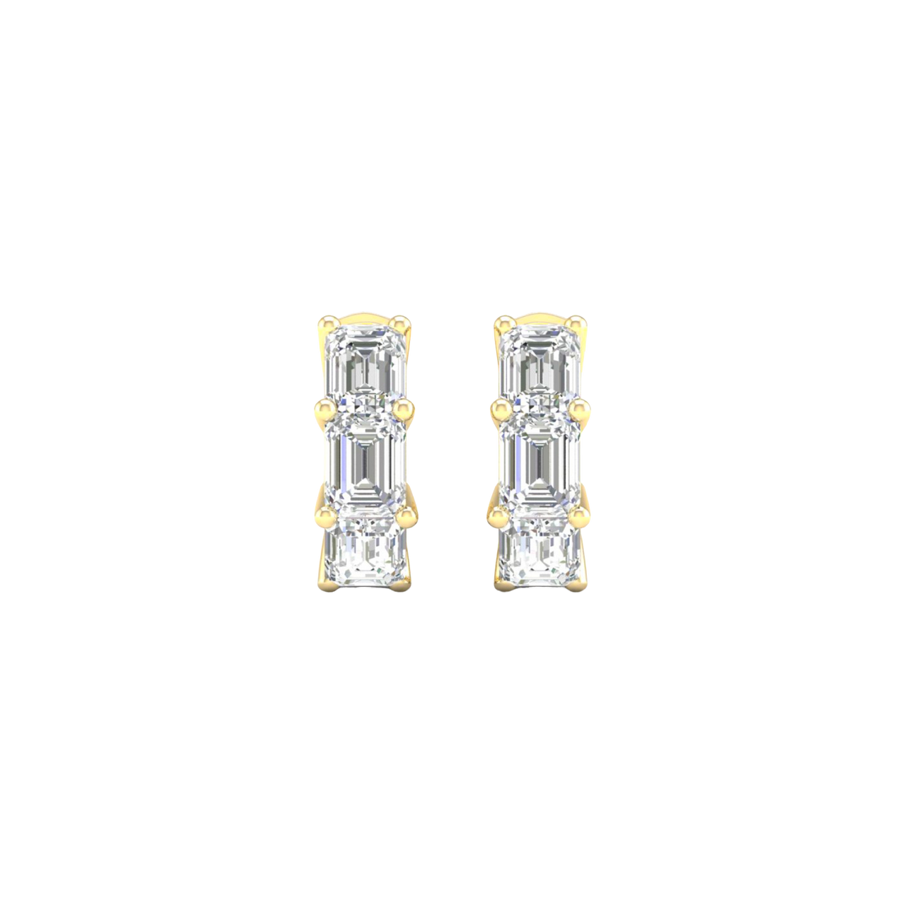 A close-up view of a 14K yellow gold huggie hoop earring with three vertically stacked rectangular diamonds.
