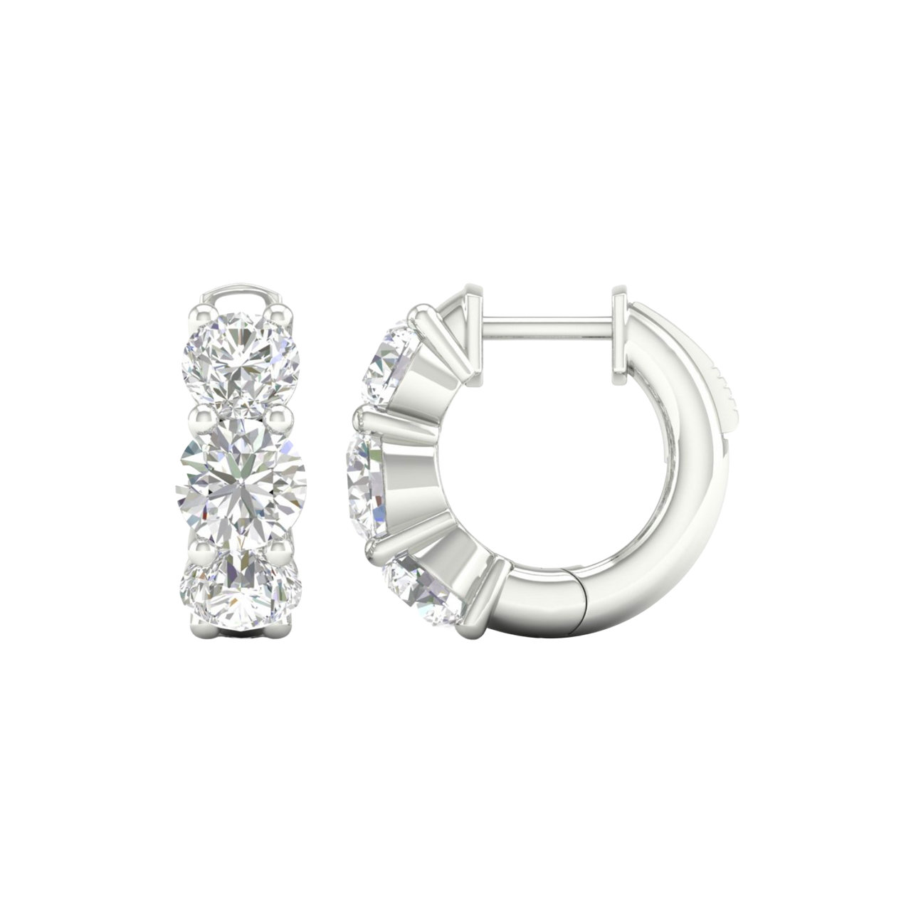 A front and side view of 14K white gold huggie hoop earrings, highlighting their wide double-row style.