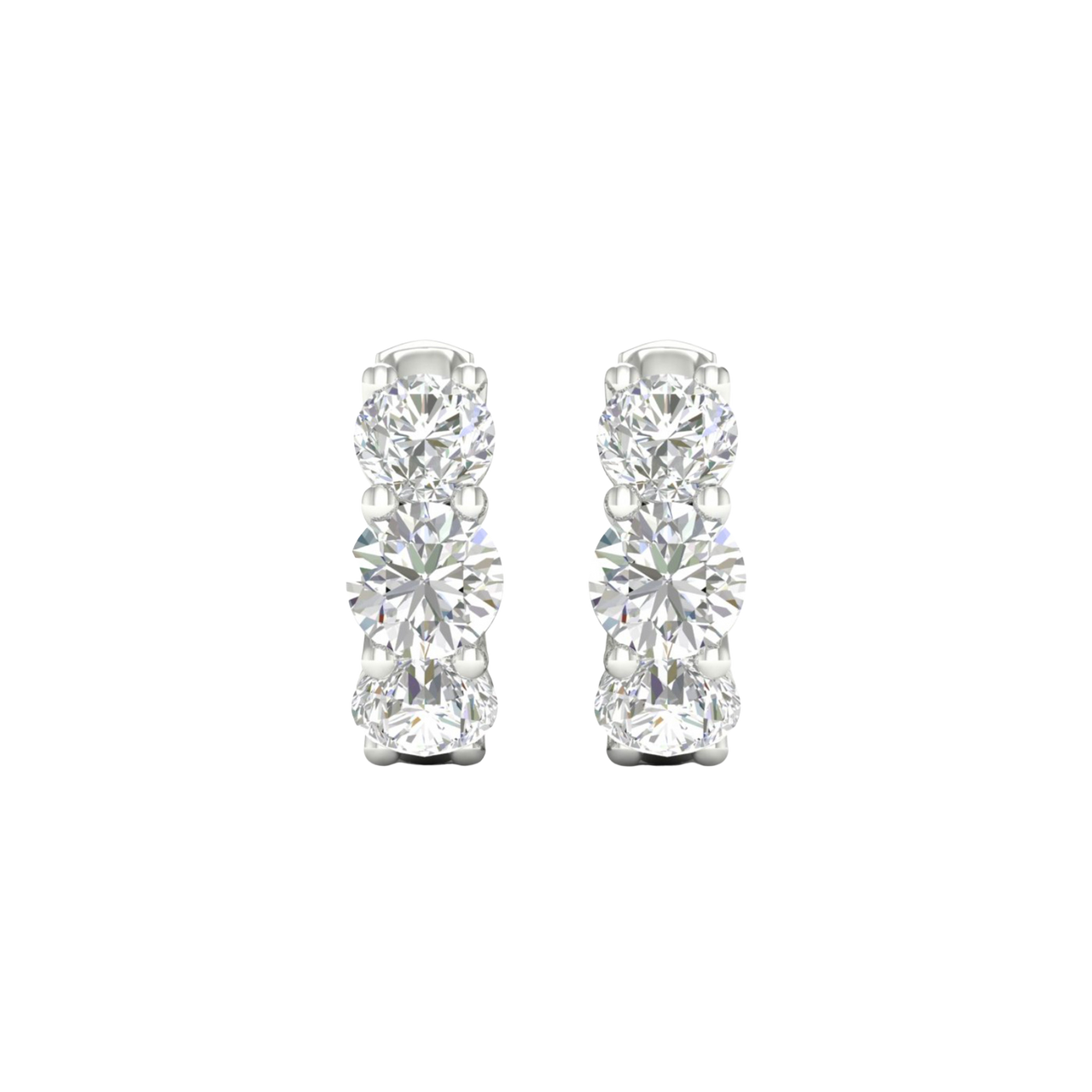 A pair of 14K white gold huggie hoop earrings with two parallel rows of diamonds, shown from the front.
