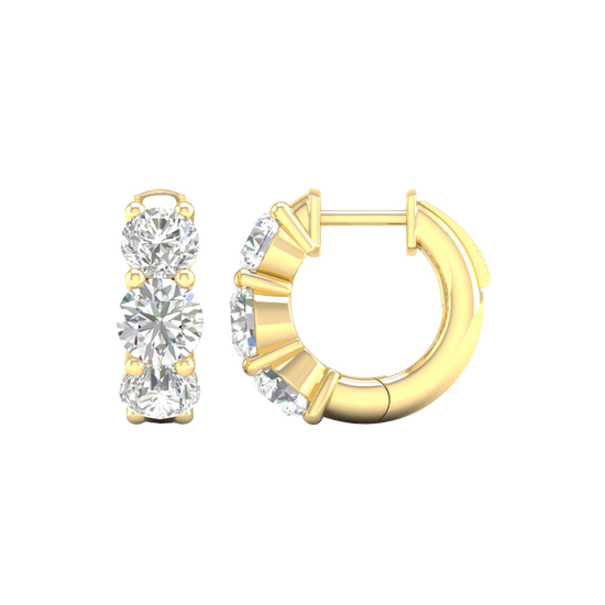 A front and side view of 14K yellow gold huggie hoop earrings, highlighting their wide double-row style.