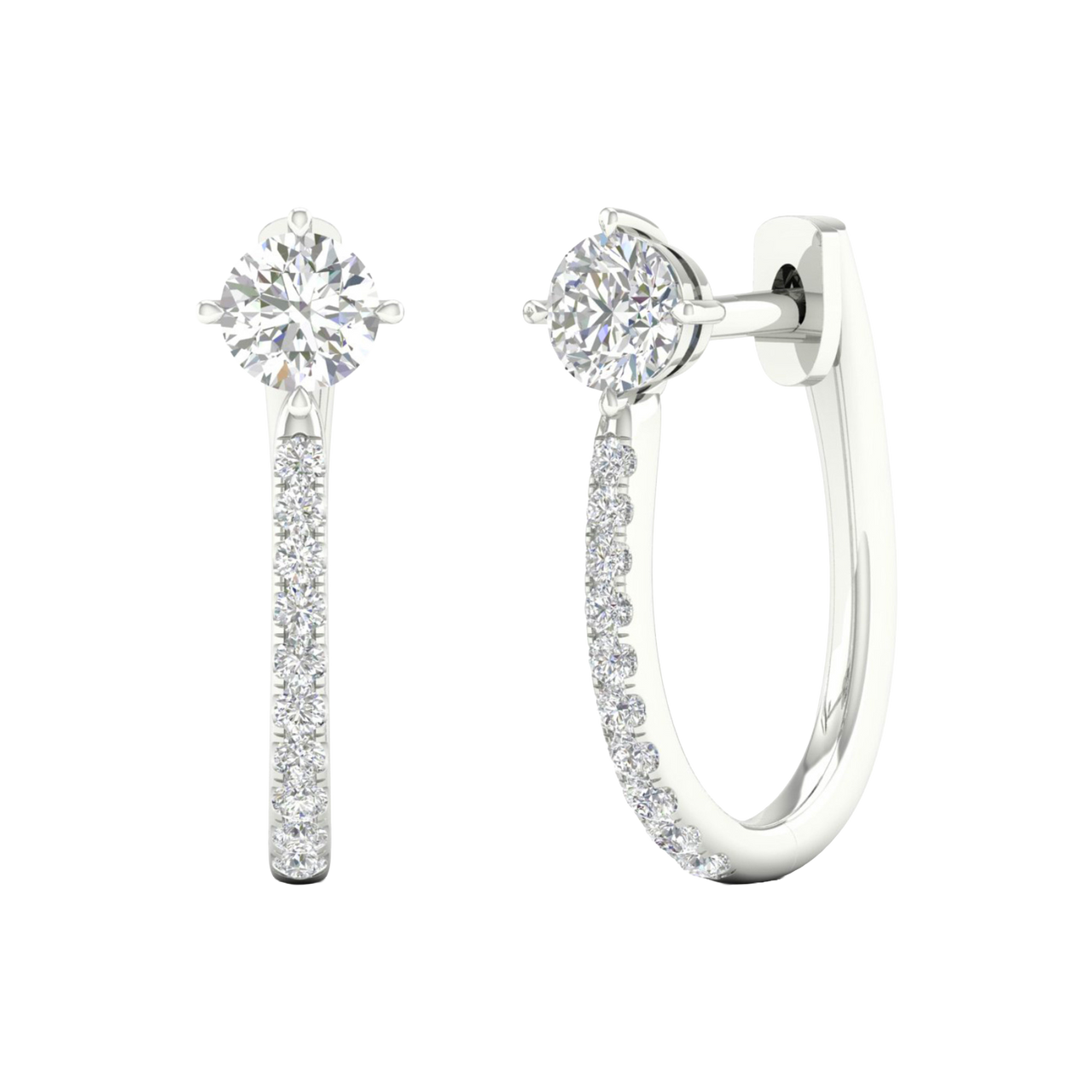 A front and side view of 14K white gold huggie hoops featuring a single top diamond and a pavé diamond drop.