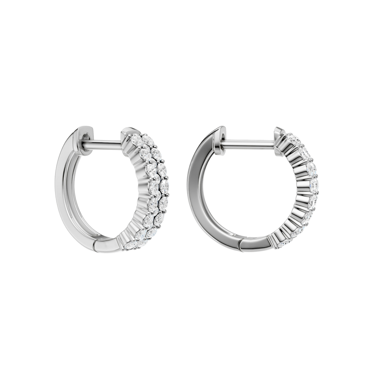 An angled view of a 14K white gold huggie hoop highlighting its wide double-row style.