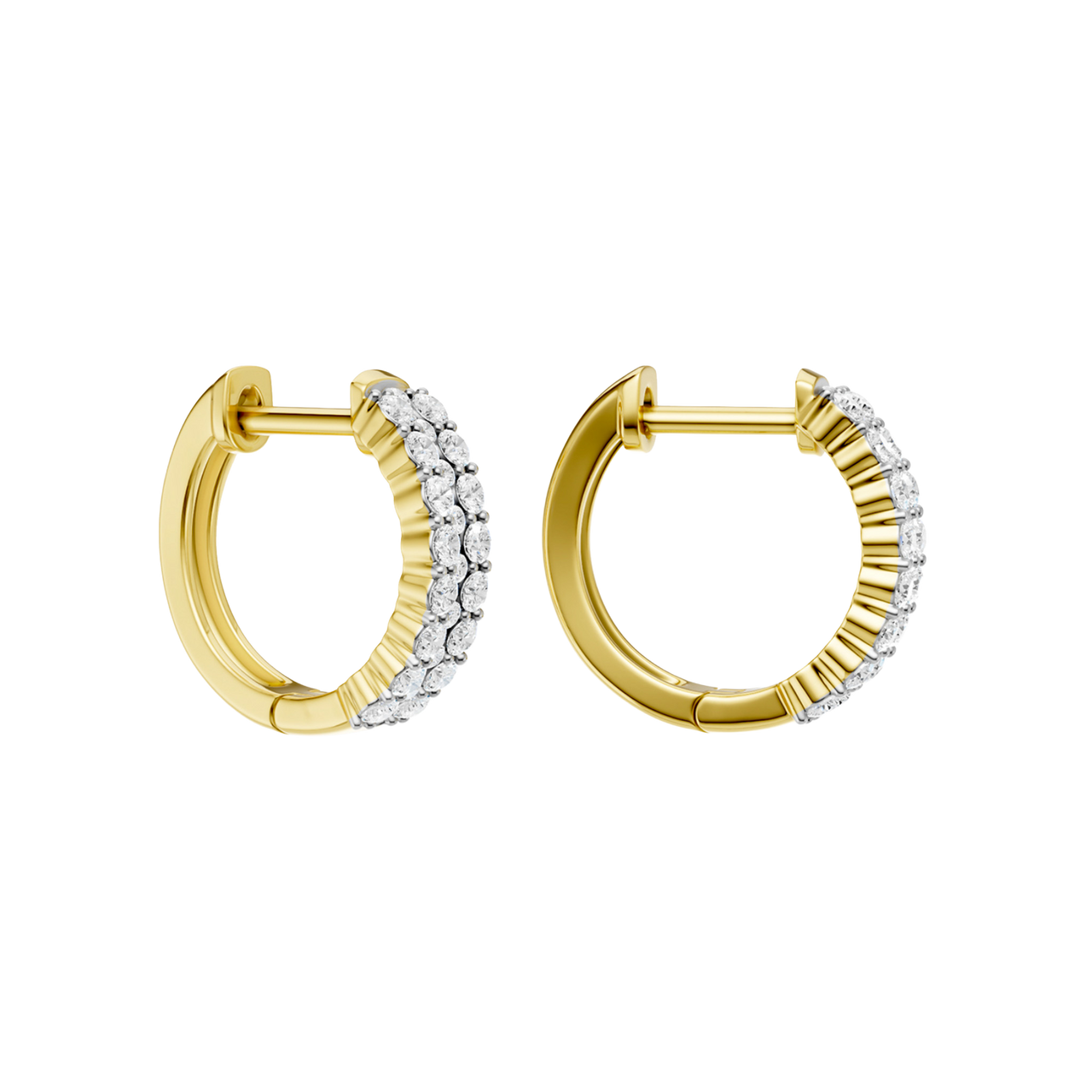 An angled view of a 14K yellow gold huggie hoop highlighting its wide double-row style.