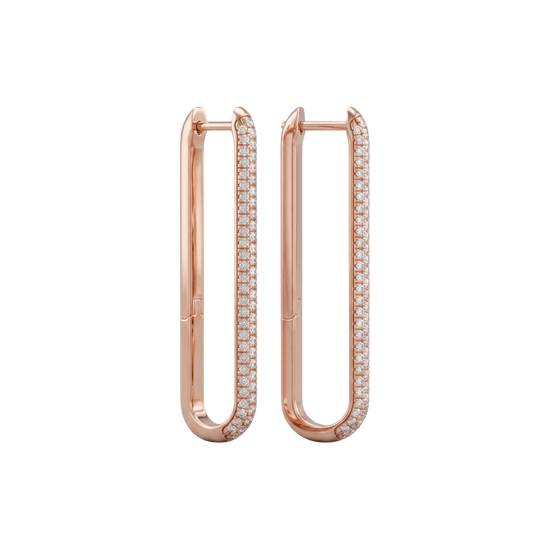 A side profile view of a 14K rose gold huggie hoop, highlighting the linear design and the pavé diamonds.