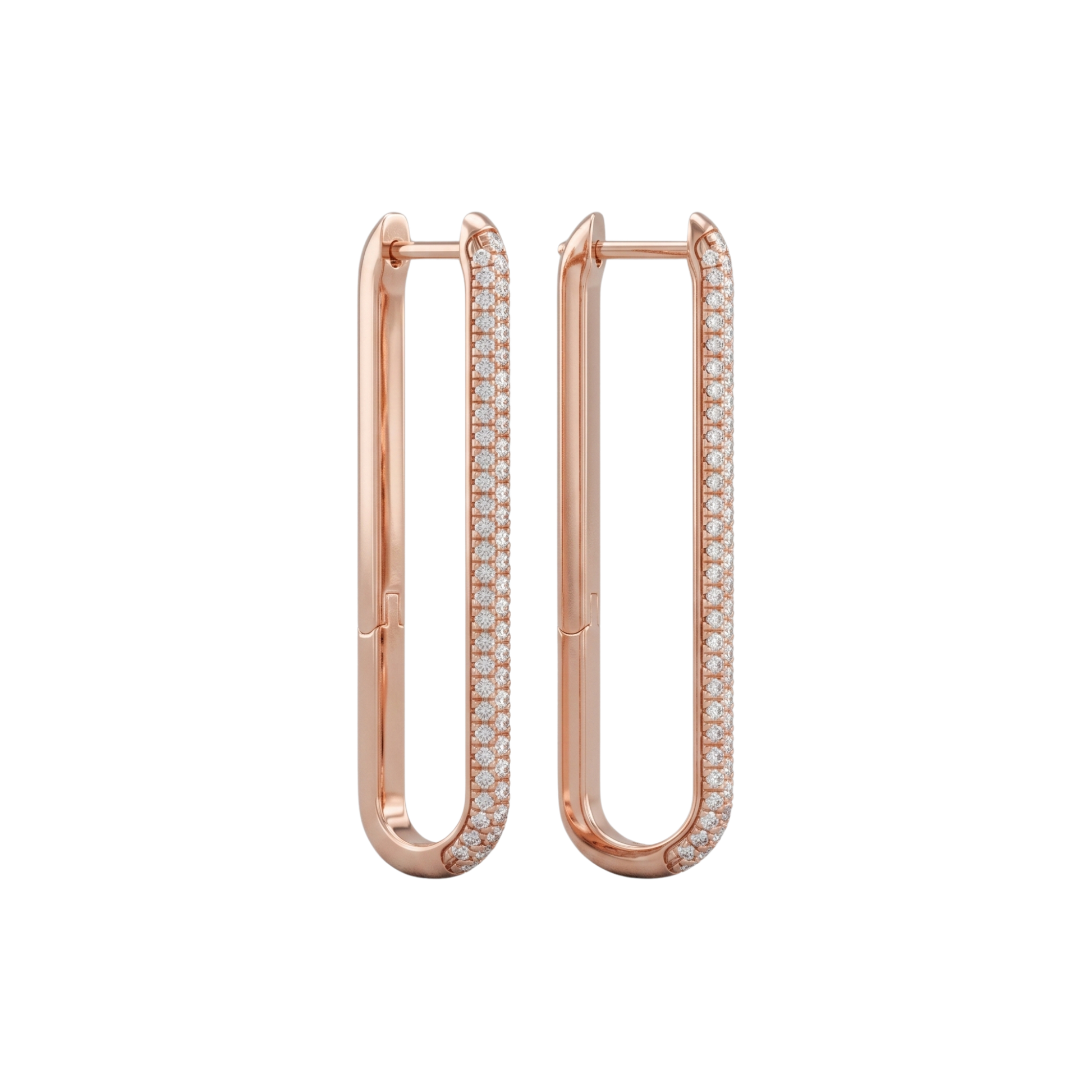 A side profile view of a 14K rose gold huggie hoop, highlighting the linear design and the pavé diamonds.