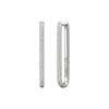 A front and profile view of 14K white gold long huggie hoops with a pavé diamond surface and angular corners.