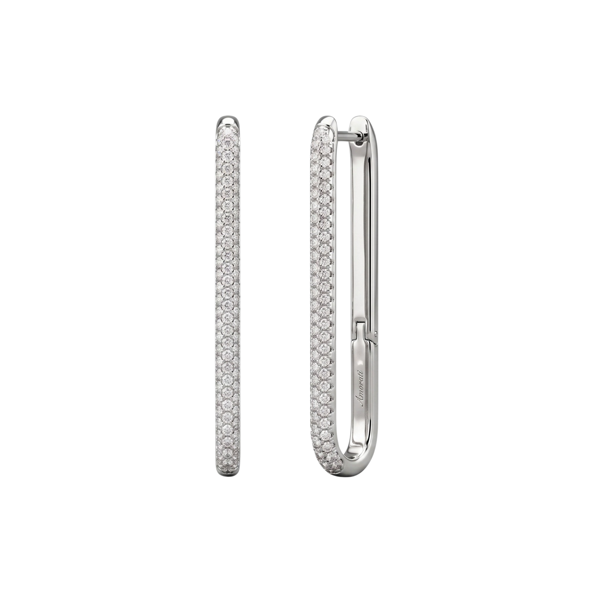 A front and profile view of 14K white gold long huggie hoops with a pavé diamond surface and angular corners.