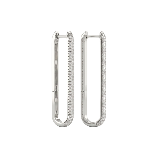 A side profile view of a 14K white gold huggie hoop, highlighting the linear design and the pavé diamonds.
