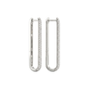A side profile view of a 14K white gold huggie hoop, highlighting the linear design and the pavé diamonds.