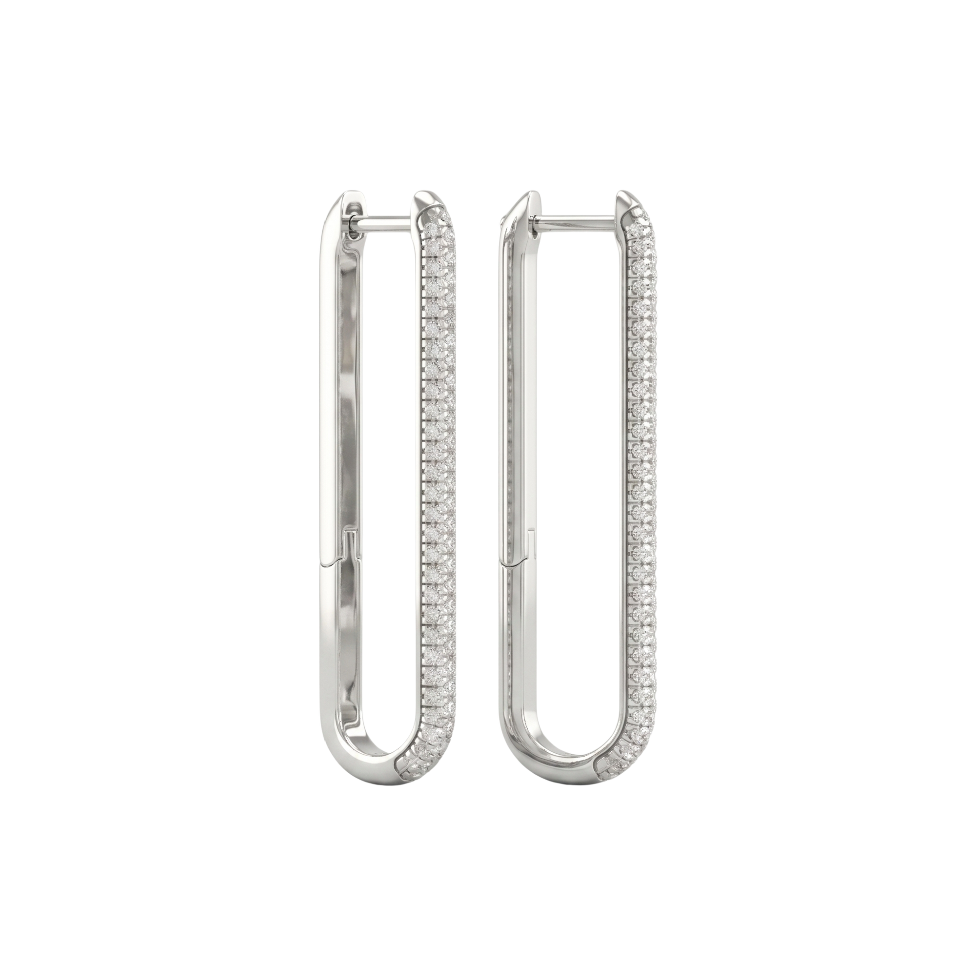 A side profile view of a 14K white gold huggie hoop, highlighting the linear design and the pavé diamonds.