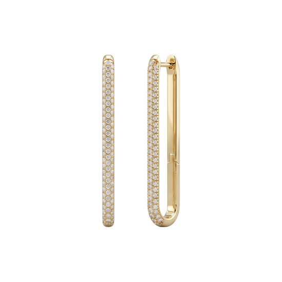 Front and angled view of 14K yellow gold long huggie hoops showcasing pavé diamonds and angular edges.