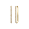 Front and angled view of 14K yellow gold long huggie hoops showcasing pavé diamonds and angular edges.
