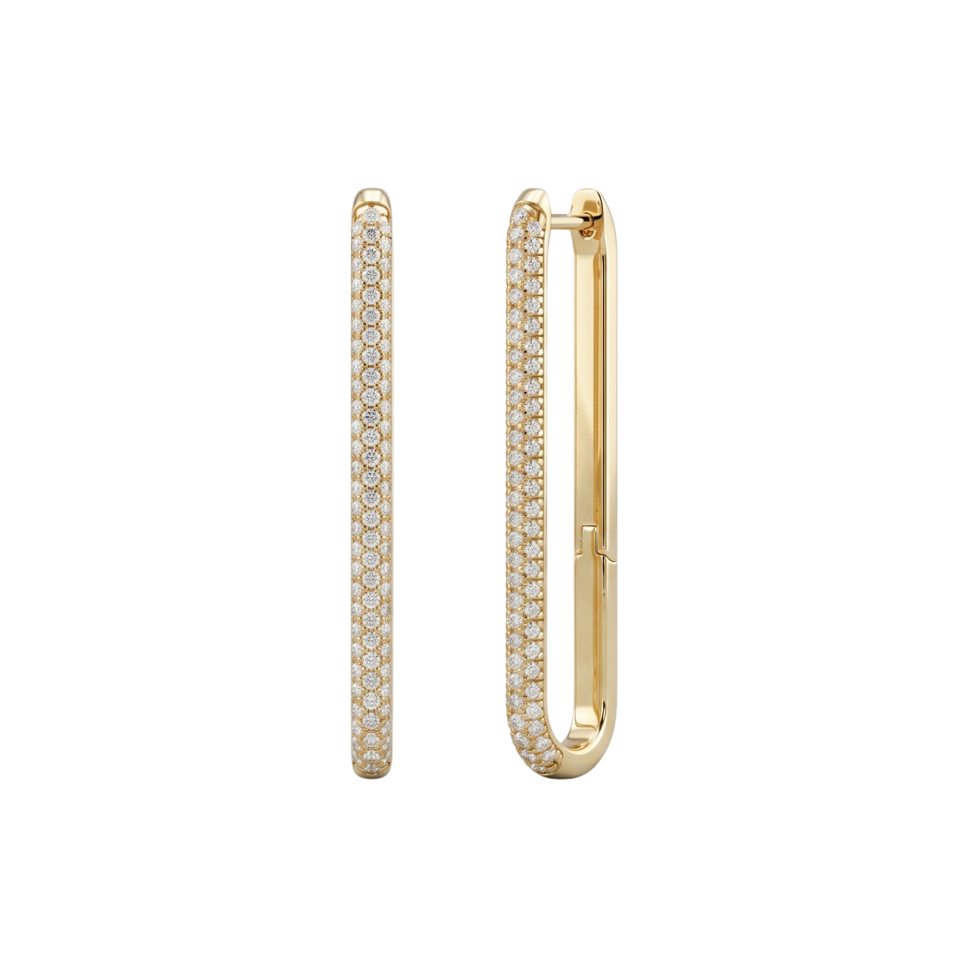 Front and angled view of 14K yellow gold long huggie hoops showcasing pavé diamonds and angular edges.