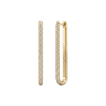 Front and angled view of 14K yellow gold long huggie hoops showcasing pavé diamonds and angular edges.