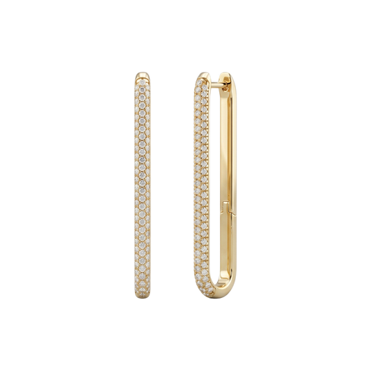 Front and angled view of 14K yellow gold long huggie hoops showcasing pavé diamonds and angular edges.