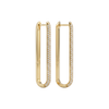 A side profile view of a 14K yellow gold huggie hoop, highlighting the linear design and the pavé diamonds.