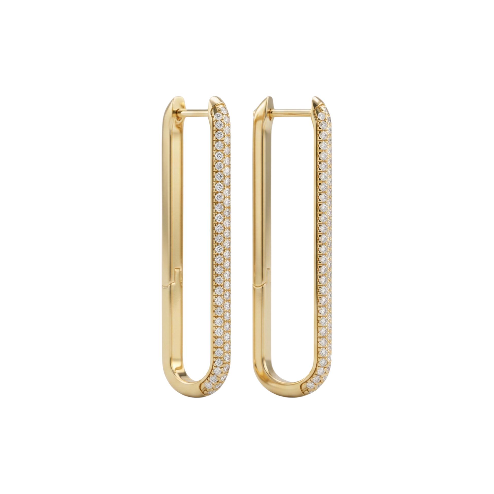A side profile view of a 14K yellow gold huggie hoop, highlighting the linear design and the pavé diamonds.