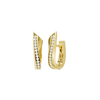 A front and angled view of a pair of 14K yellow gold huggie hoop earrings. The pavé diamonds are set in a diagonal line on the front surface, catching the light and highlighting the classic hoop shape.