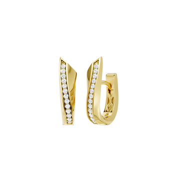 A front and angled view of a pair of 14K yellow gold huggie hoop earrings. The pavé diamonds are set in a diagonal line on the front surface, catching the light and highlighting the classic hoop shape.