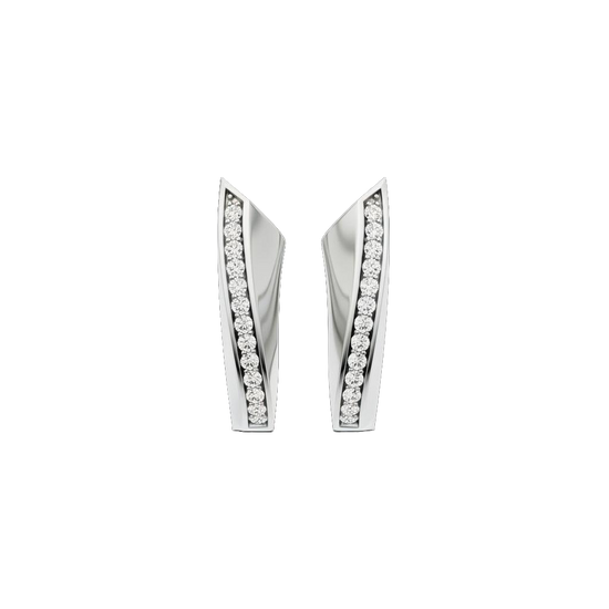 A pair of 14K white gold huggie hoops with a diagonal line of pavé diamonds, shown from the front.