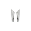 A pair of 14K white gold huggie hoops with a diagonal line of pavé diamonds, shown from the front.