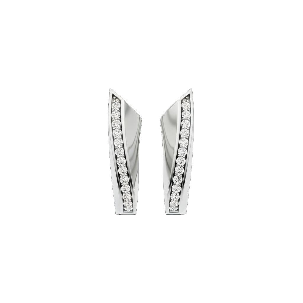 A pair of 14K white gold huggie hoops with a diagonal line of pavé diamonds, shown from the front.