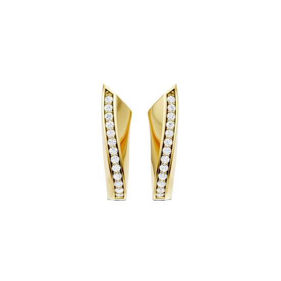 A pair of 14K yellow gold huggie hoops with a diagonal line of pavé diamonds, shown from the front.