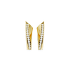 A pair of 14K yellow gold huggie hoops with a diagonal line of pavé diamonds, shown from the front.