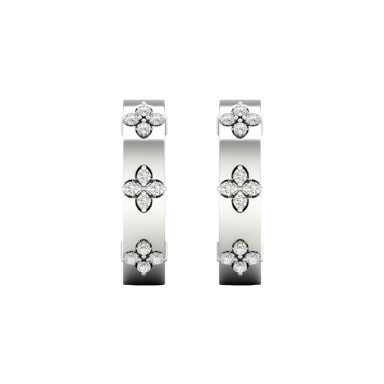 A pair of 14K white gold huggie hoop earrings from the Amorati Collection, shown from the front.