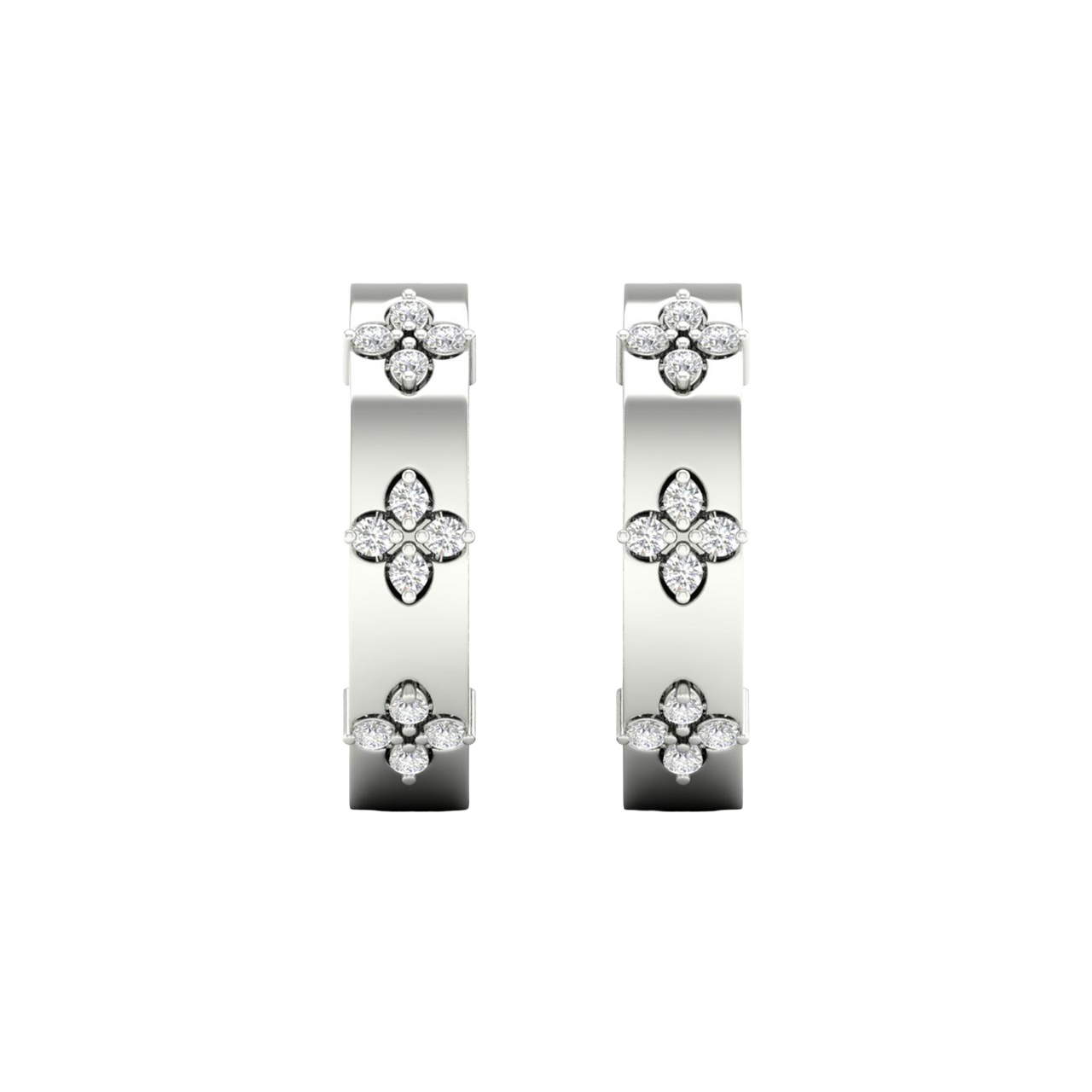 A pair of 14K white gold huggie hoop earrings from the Amorati Collection, shown from the front.