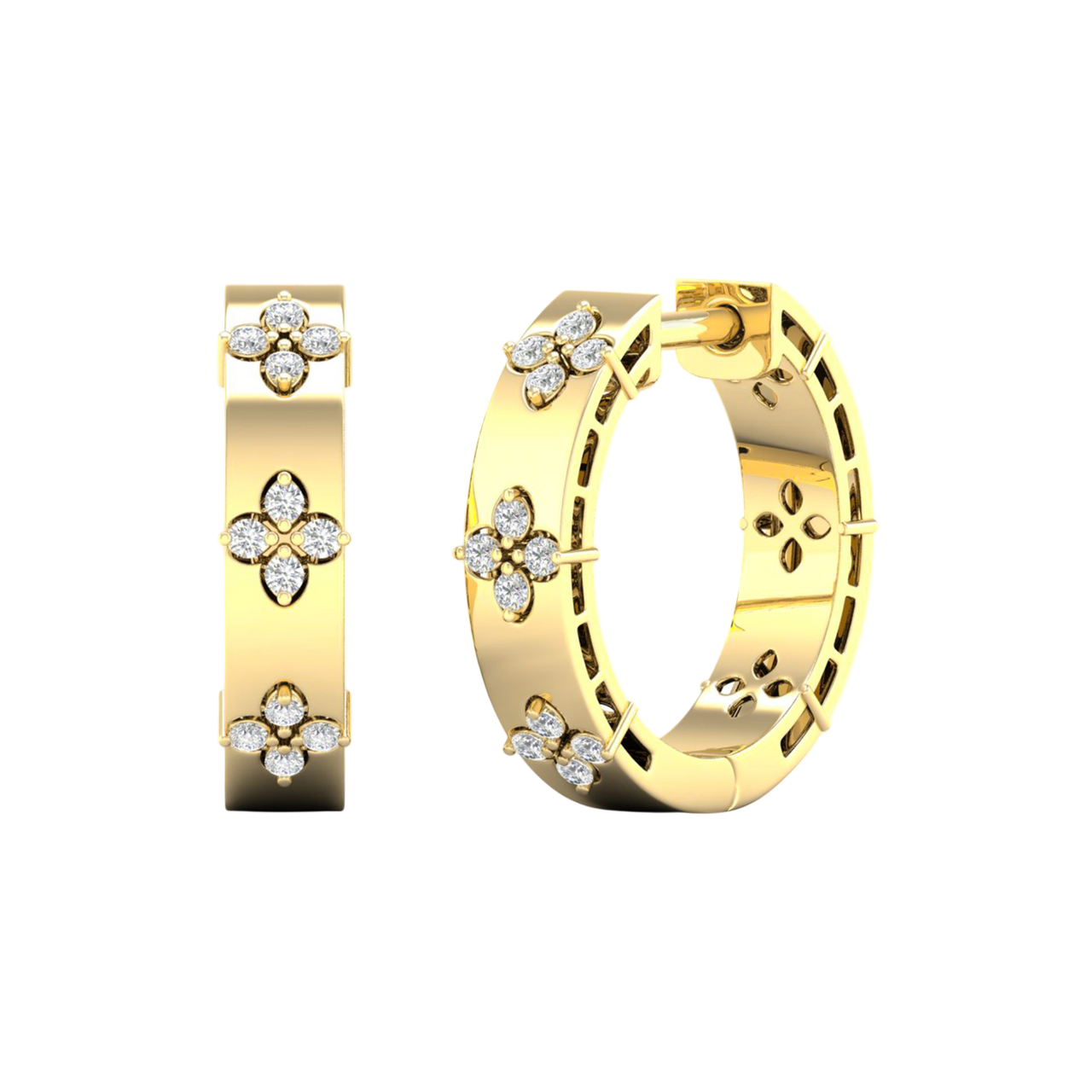 A pair of 14K yellow gold huggie hoop earrings with diamond clover accents from the Amorati Collection, displayed in both front and angled views to showcase the intricate design and thickness.