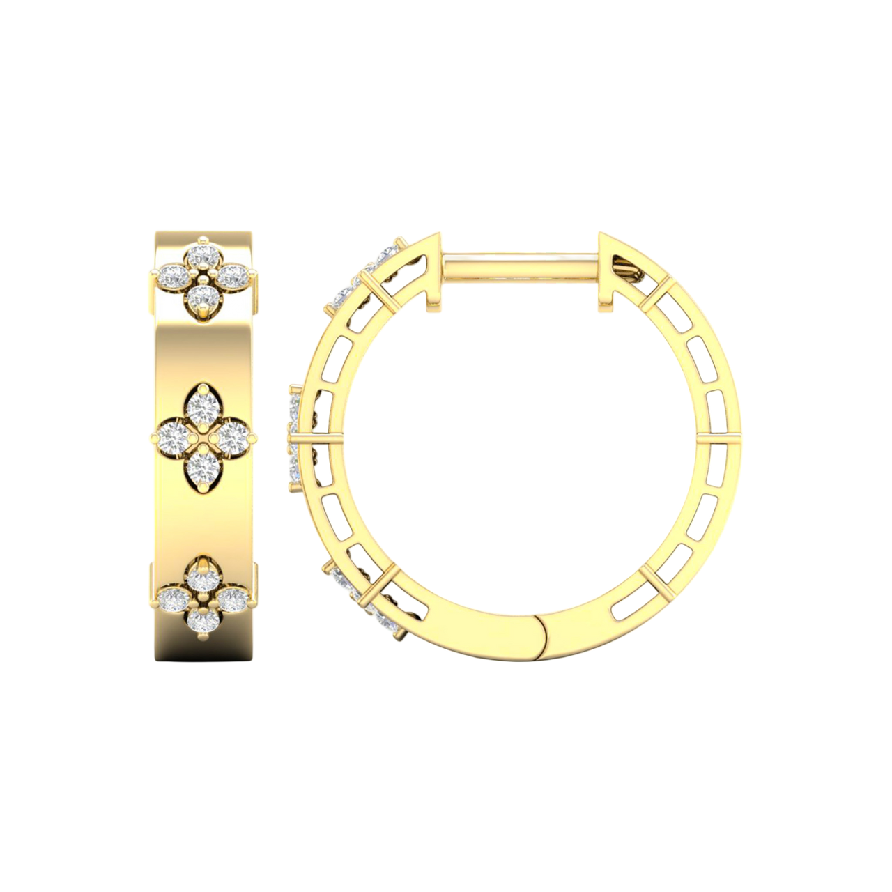 An angled view of a pair of 14K yellow gold huggie hoop earrings with a diamond floral design from the Amorati Collection. The hinge closure is visible.
