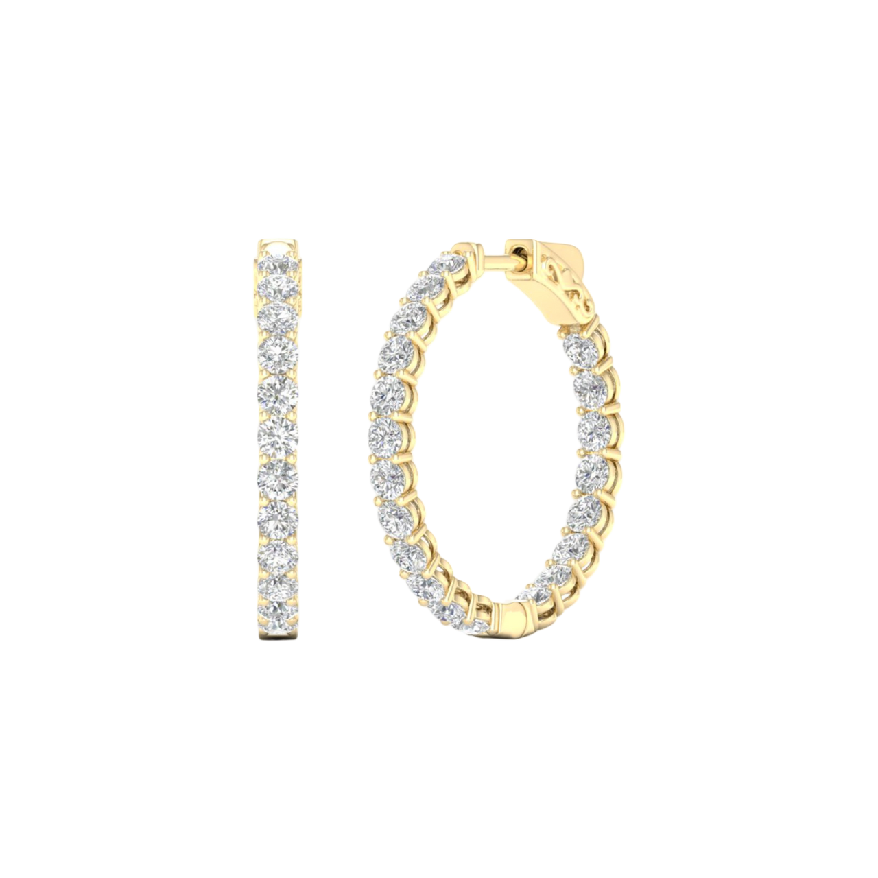 A close-up of a pair of 14K yellow gold huggie hoop earrings with a continuous line of brilliant round-cut diamonds, shown on a black background to highlight their sparkle.