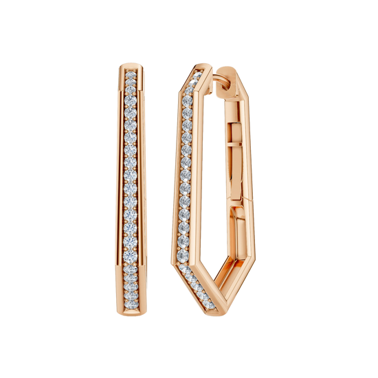 A front and angled view of a 14K rose gold oval huggie hoop, showcasing the slim band and its continuous sparkle.