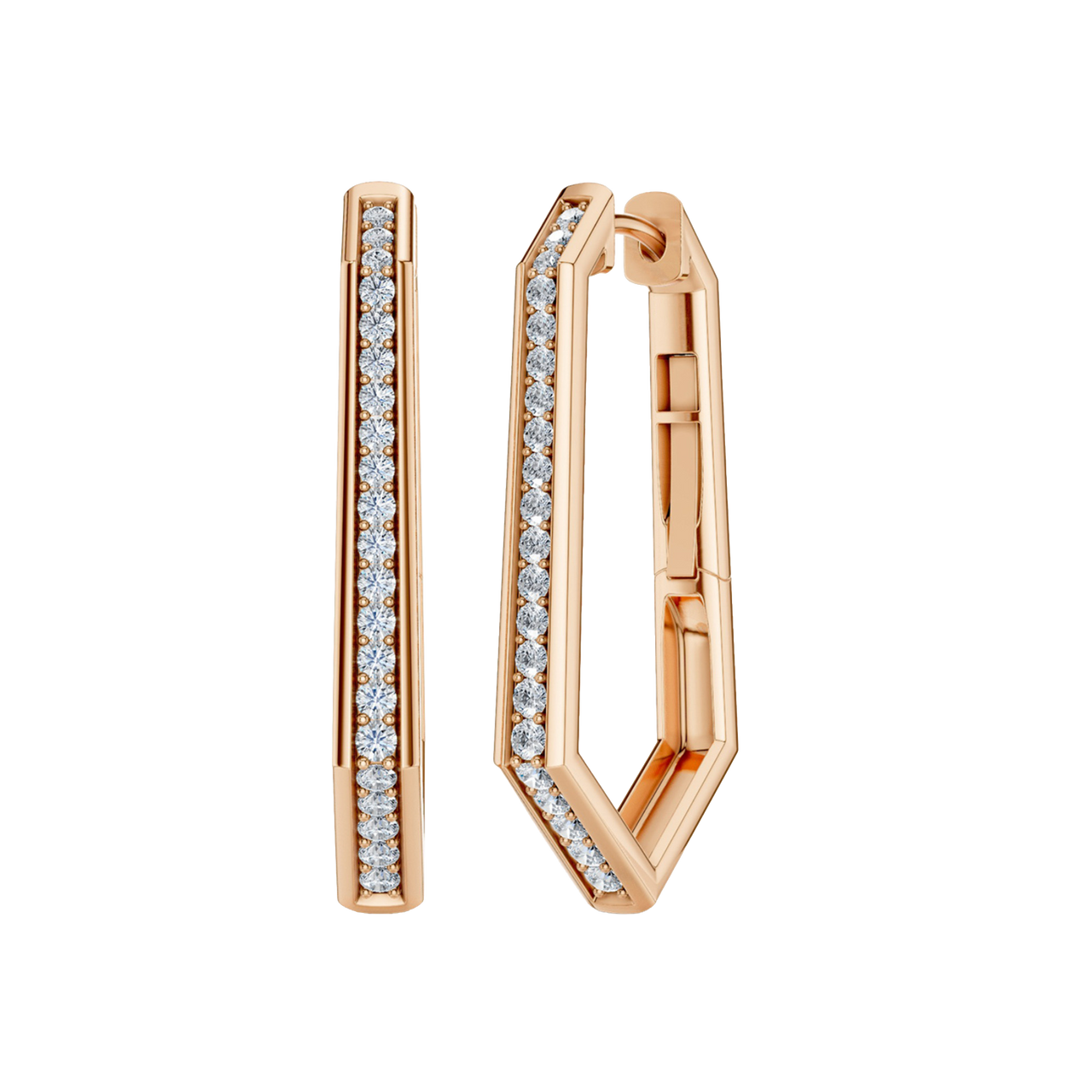 A front and angled view of a 14K rose gold oval huggie hoop, showcasing the slim band and its continuous sparkle.
