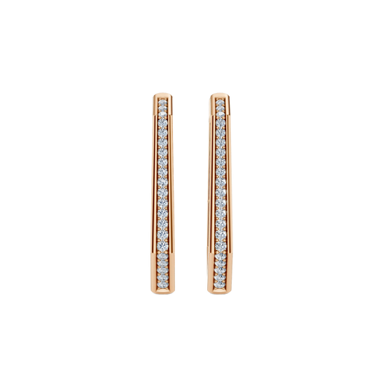 A pair of 14K rose gold oval-shaped huggie hoops with a continuous line of pavé diamonds, shown from the front.