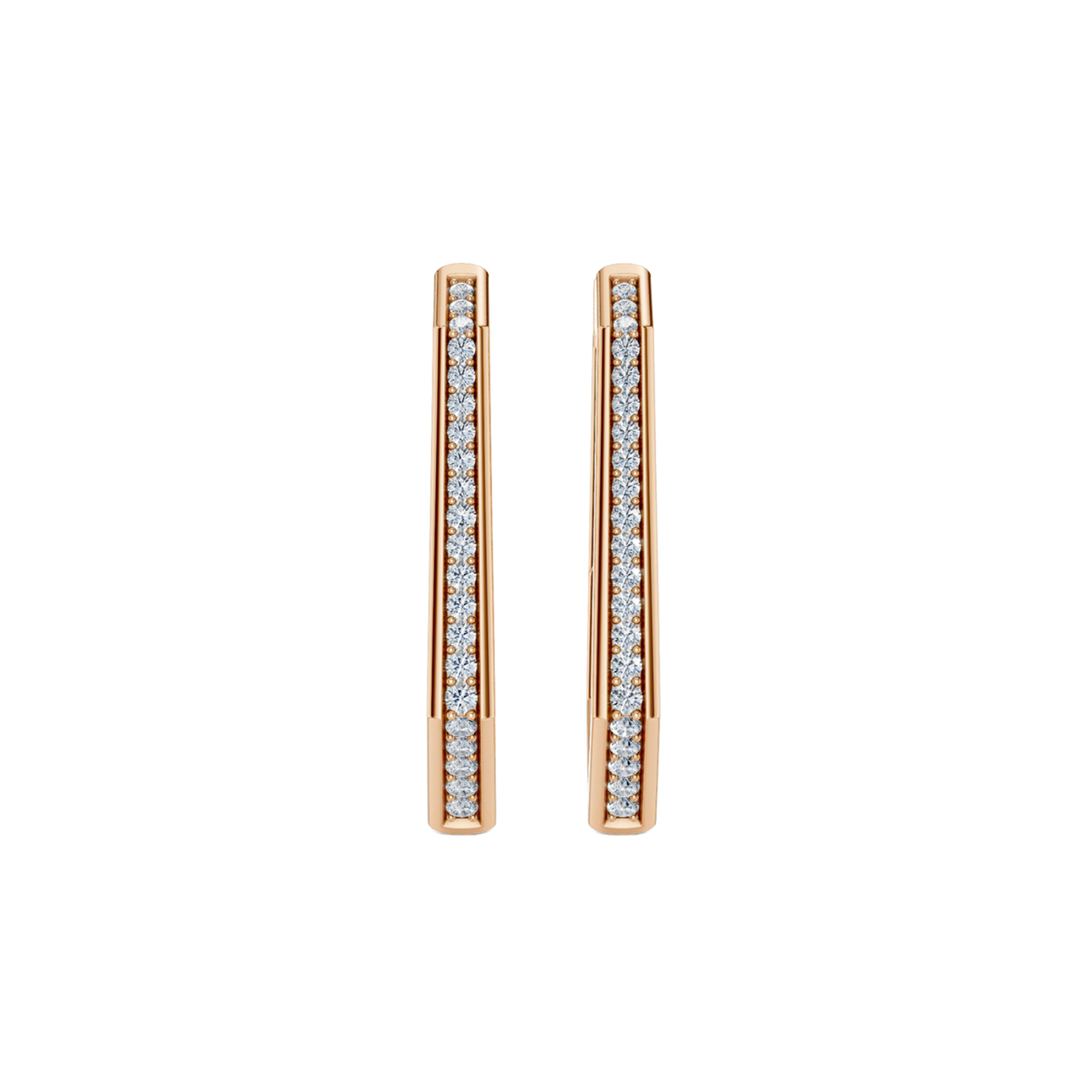 A pair of 14K rose gold oval-shaped huggie hoops with a continuous line of pavé diamonds, shown from the front.