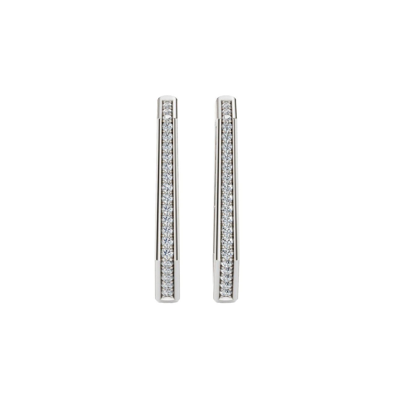 A pair of 14K white gold oval-shaped huggie hoops with a continuous line of pavé diamonds, shown from the front.
