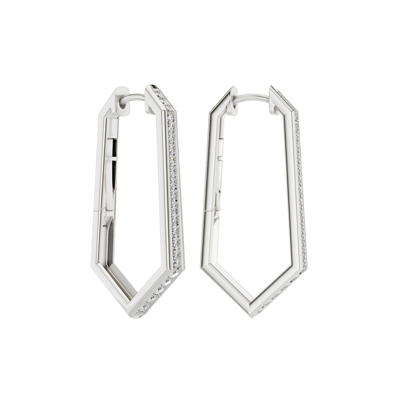 A side-angled view of a pair of 14K white gold oval huggie hoops, showing the line of diamonds and the hinged closure.