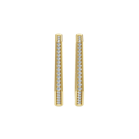 A pair of 14K yellow gold oval-shaped huggie hoops with a continuous line of pavé diamonds, shown from the front.