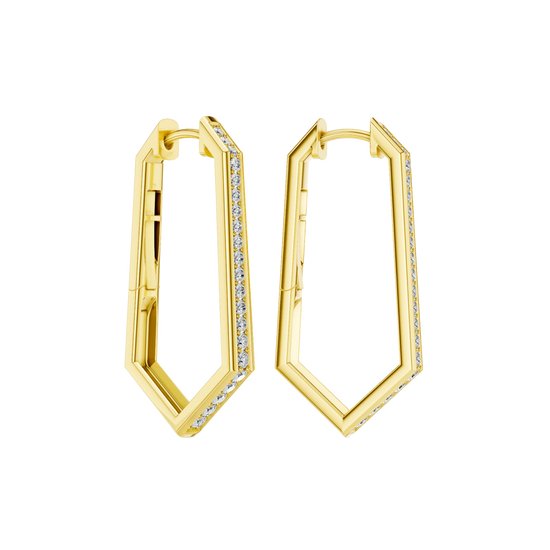 A side-angled view of a pair of 14K yellow gold oval huggie hoops, showing the line of diamonds and the hinged closure.