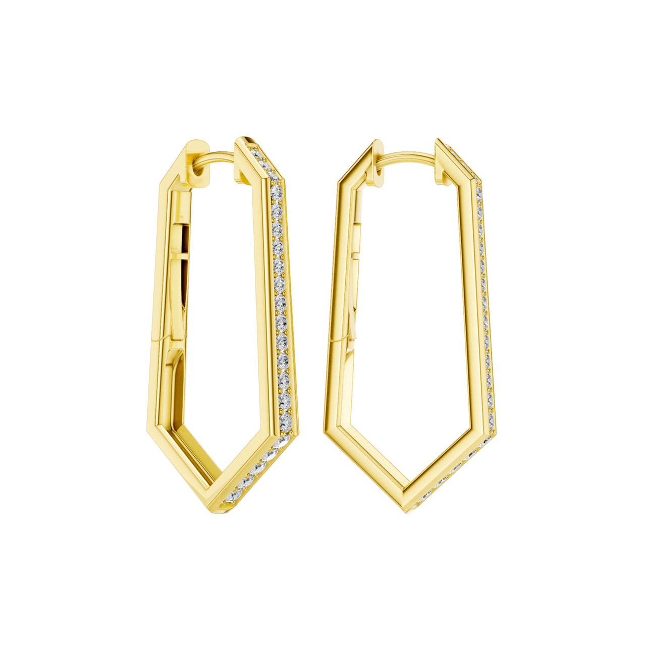A side-angled view of a pair of 14K yellow gold oval huggie hoops, showing the line of diamonds and the hinged closure.